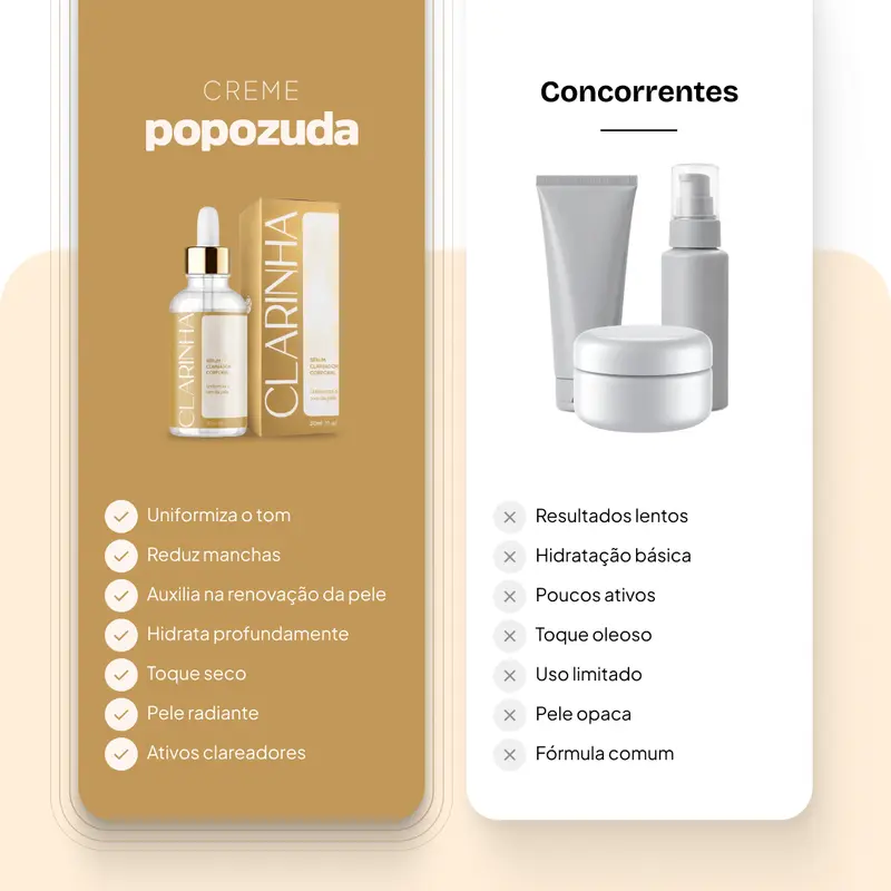 Comparativo dos benefícios do Sérum Corporal Clarinha Popozuda